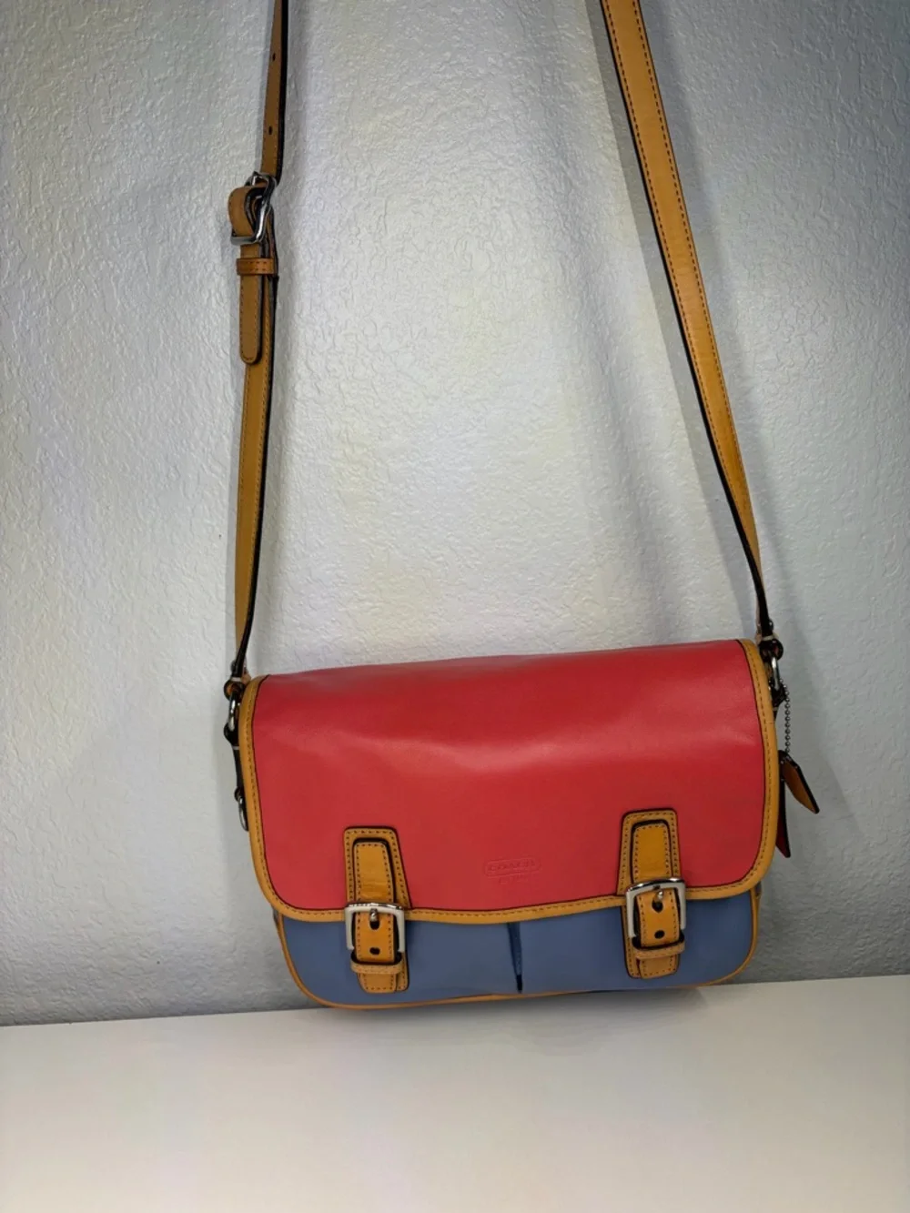 Coach Park Colorblock Leather Crossbody - Red, Blue & Tan Trim #F23383 - Picture 11 of 15